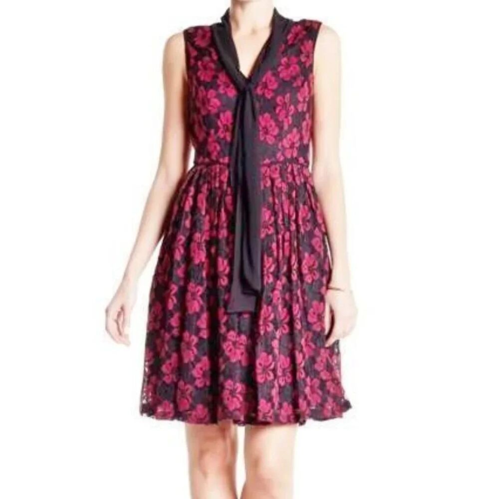 Adrianna Papell Floral Lace A-Line Fit & Flare Mini Dress Womens 8 Black Purple